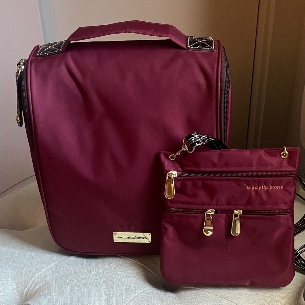 Samantha Brown Burgundy Nylon Travel Set Cosmetic Toiletry Crossbody Bag - Picture 5 of 11